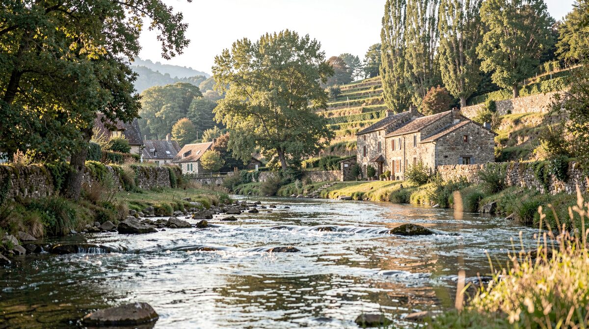 A quiet stone hamlet in the Cévennes foothills in soft morning light, with a clear river running past terraced chestnut trees, shot from a low angle across the water.
