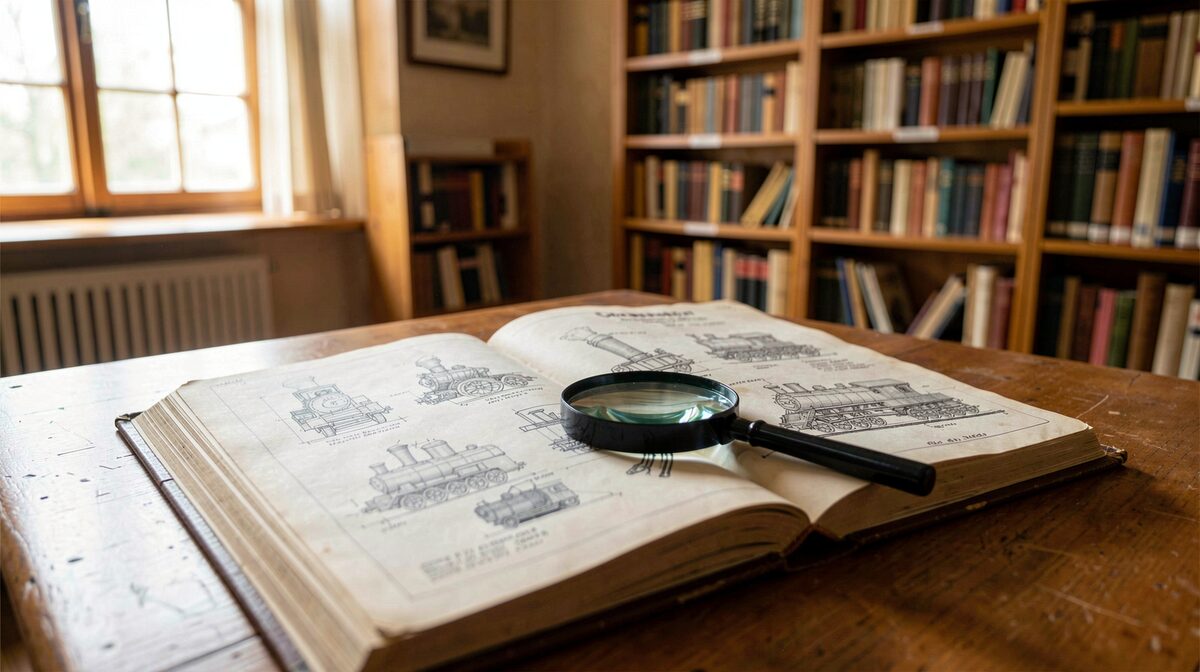 A warm-lit archive reading room with an open bound volume of industrial drawings and a magnifying glass, shot close up on a wooden table.