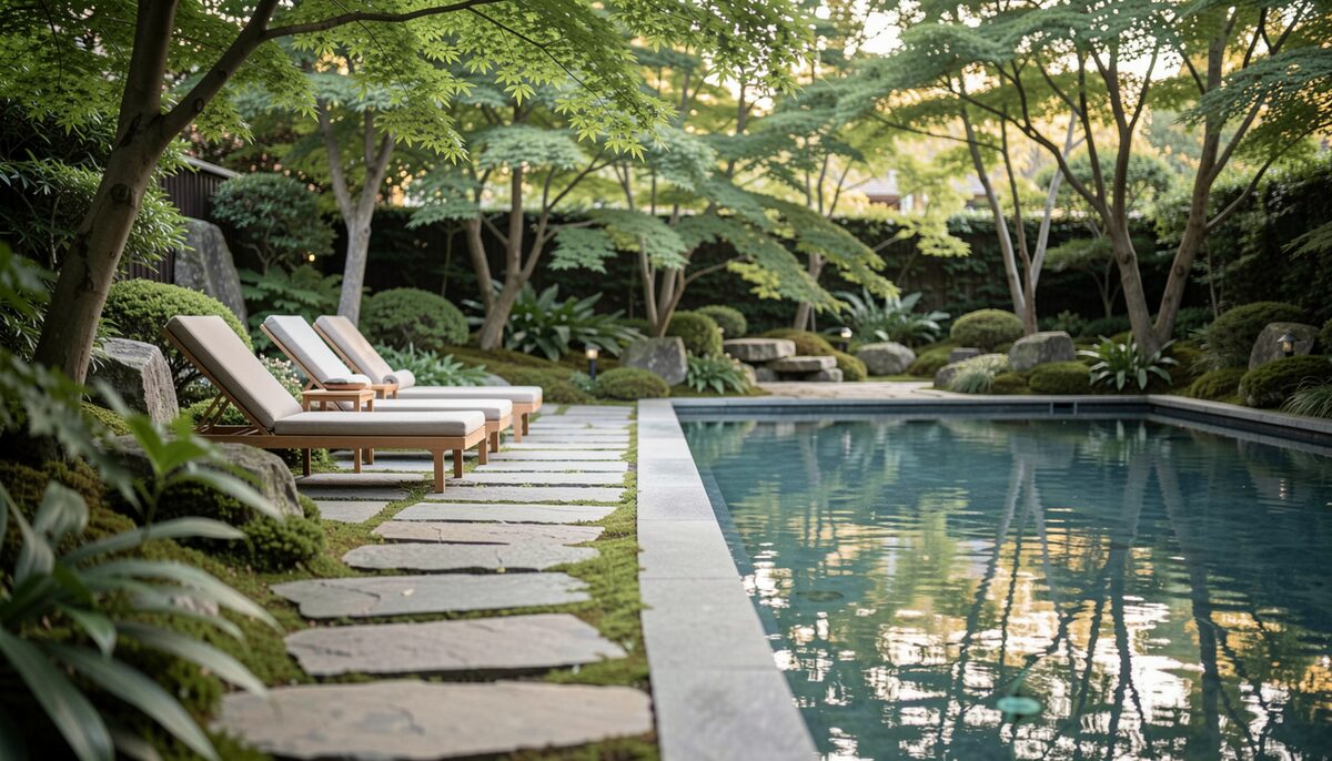 Quiet spa garden with a stone path, lounge chairs, and a calm pool reflecting trees