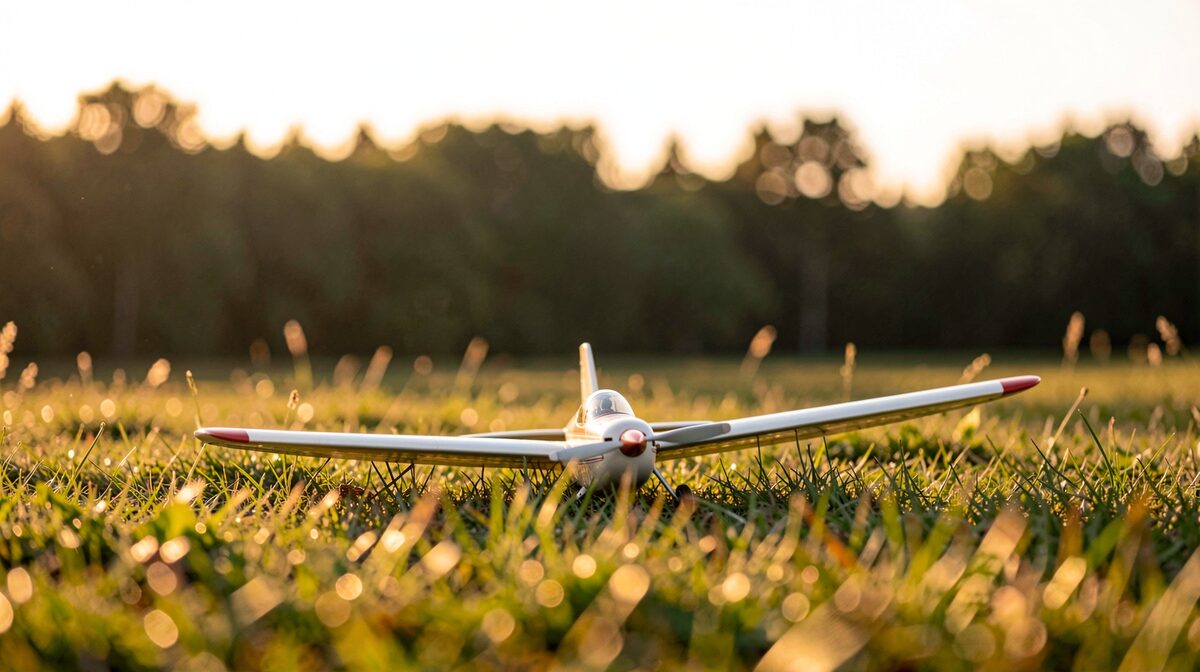 A small model glider on a grassy airfield at golden hour, photographed in close up with soft warm light and blurred trees behind.