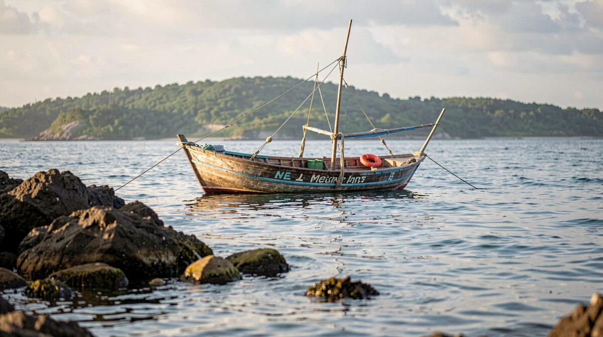 A wooden fishing boat anchored near a reef in soft morning light, framed from the water with a distant green headland behind it.