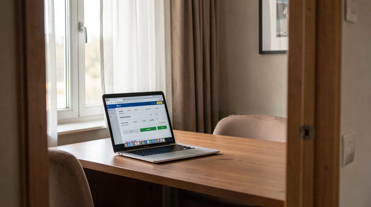 A quiet hotel room desk with a laptop showing a booking page, morning light through half open curtains, wide shot from the doorway.