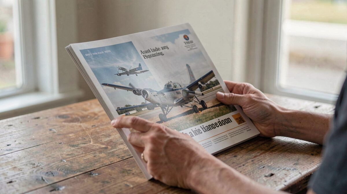 A calm reading scene: a person holding a printed magazine about aviation at a wooden table near a window, soft morning light, shallow depth of field, close framing on hands and page.