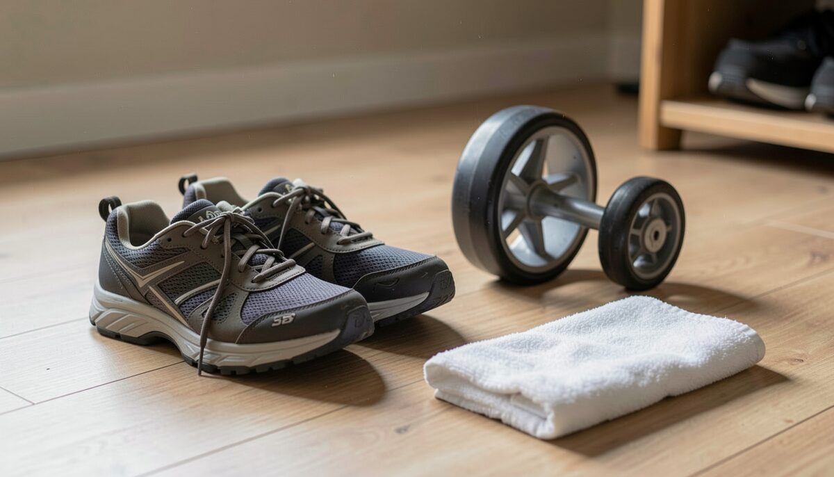 Pair of walking shoes beside a foot roller and a small towel on a floor