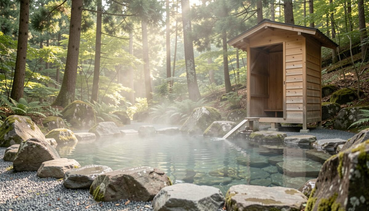 Outdoor rock onsen pool with steam and simple wooden changing hut in a forest setting