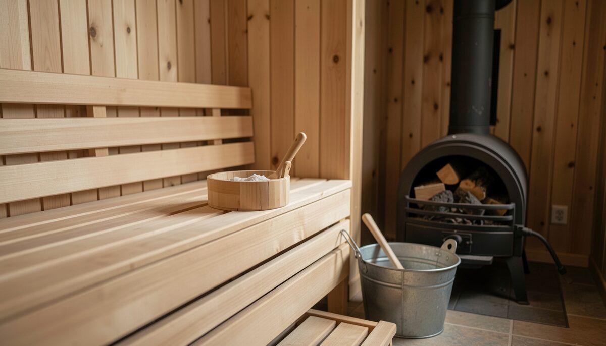 Cedar sauna benches with a bucket and ladle beside a traditional stove