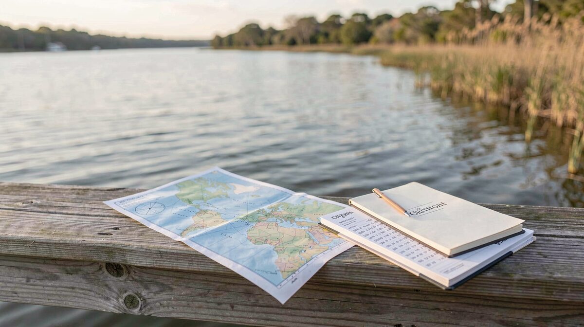 A calm shoreline at the Chesapeake Bay in soft morning light, with a chart, tide table and notebook laid on a wooden dock rail, framed in a wide horizontal shot.