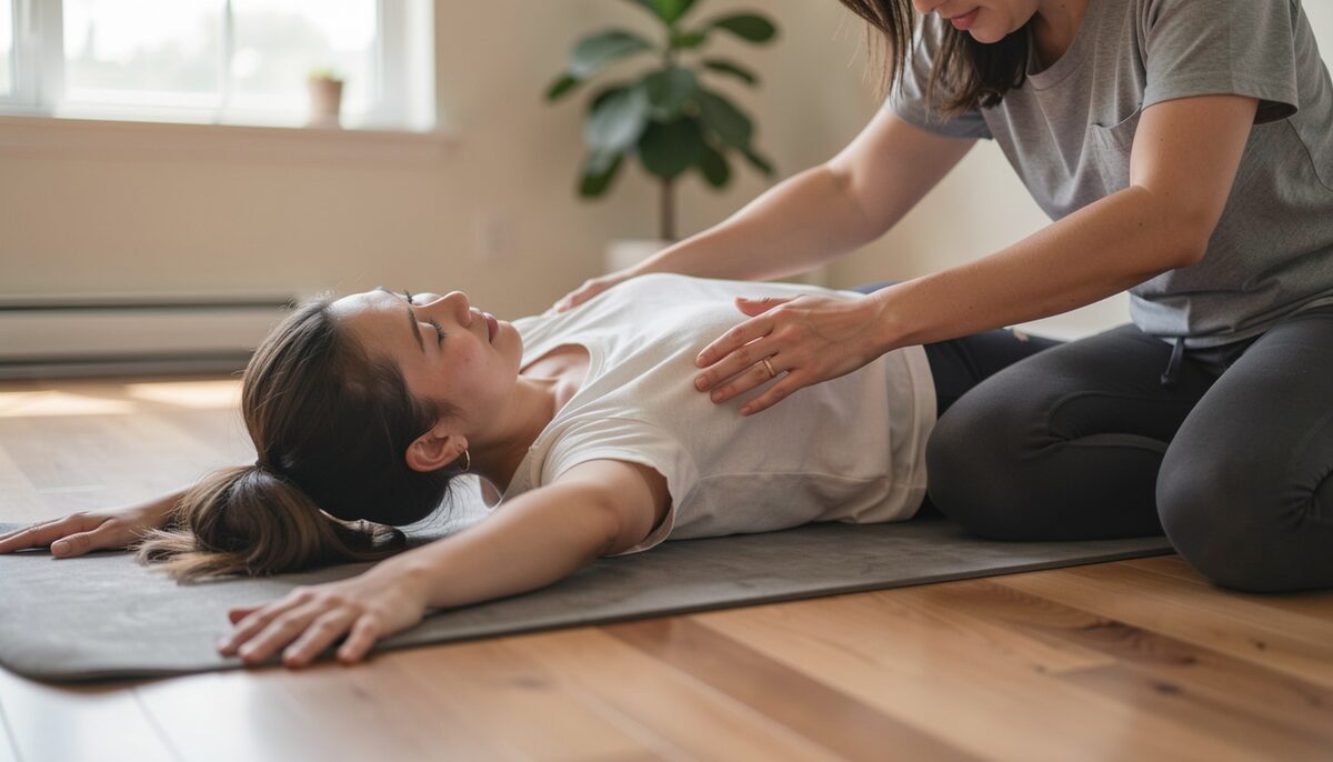 Mat on a wooden floor with a practitioner guiding a gentle stretch of a client