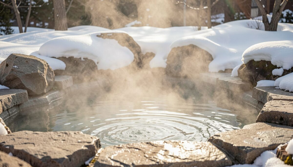 Steaming outdoor thermal pool with stone edges and snow on surrounding rocks