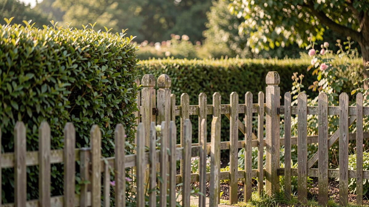A quiet English garden in soft morning light, framed by a neat wooden fence and a trimmed hedge, shot in medium close up.