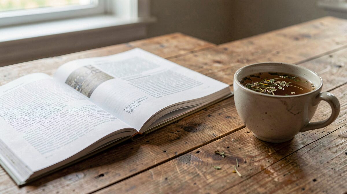 An open magazine on a wooden table beside a cup of herbal tea, soft morning window light, close up framing.