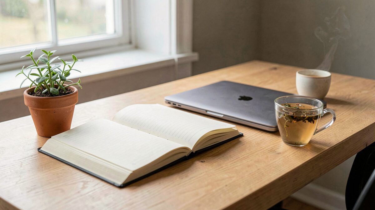 A calm reading desk with an open notebook, a closed laptop, and a cup of herbal tea beside a small potted plant, lit by soft morning window light, shot from a slight angle at desk level.