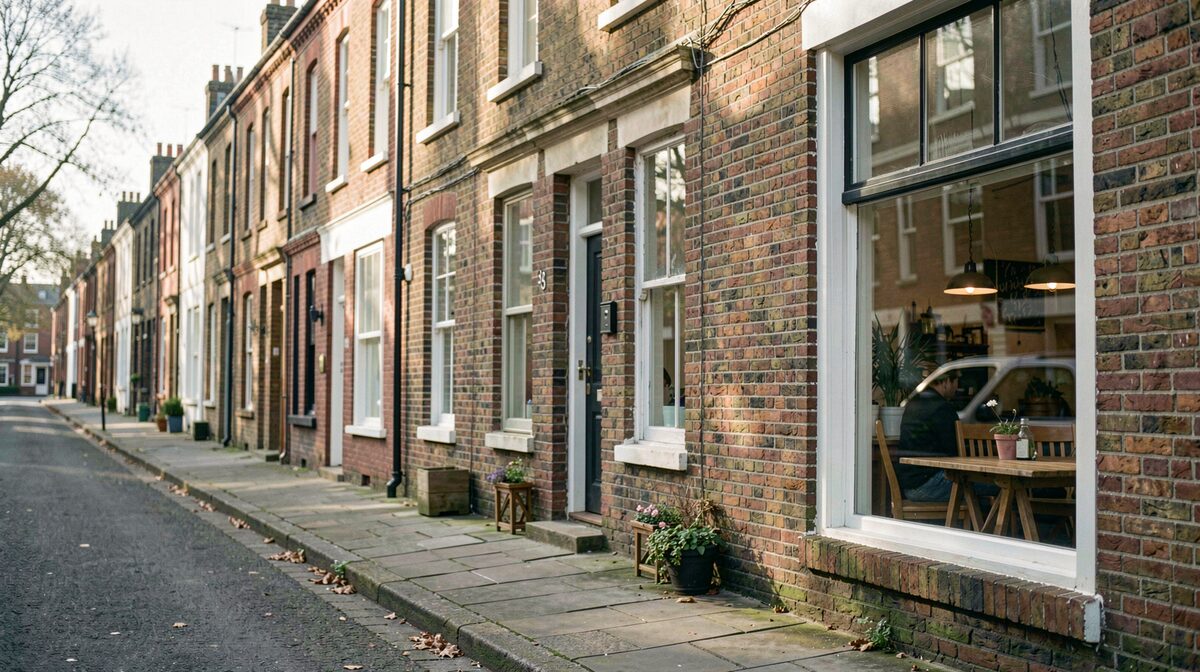A quiet neighborhood street in early morning light, brick row houses, a café window, framed from sidewalk level with soft natural light.